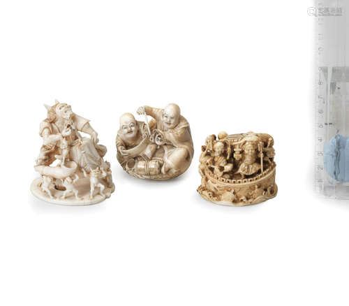 Meiji era (1868-1912), late 19th/early 20th century Three ivory okimono netsuke figure groups