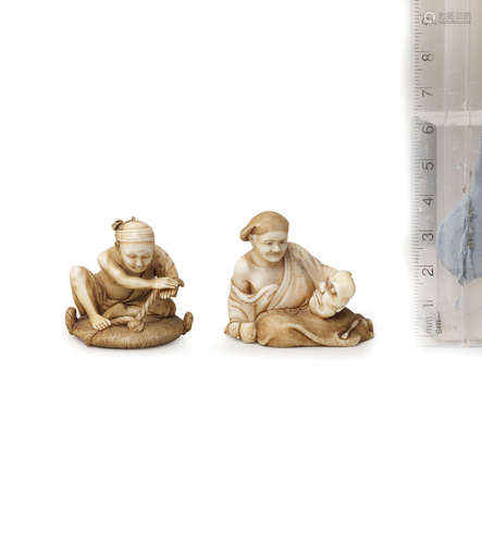 Meiji era (1868-1912), late 19th century Two ivory okimono figure netsuke