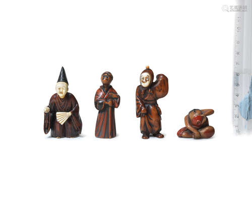 Edo period (1615-1868), 19th century Two wood and ivory figure netsuke and two lacquered wood figure netsuke