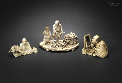 Meiji era (1868-1912), late 19th/early 20th century Three ivory okimono figure groups