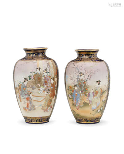 By Ryuun Fuzan, Meiji era (1868-1912), late 19th/early 20th century A pair of ovoid Satsuma vases