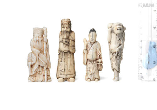Edo period (1615-1868), 18th to 19th entury Three ivory and one bone figure netsuke