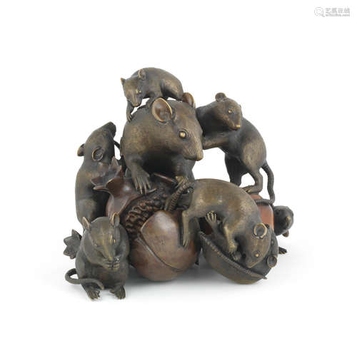 Meiji era (1868-1912), late 19th/early 20th century A bronze okimono group of eight rats