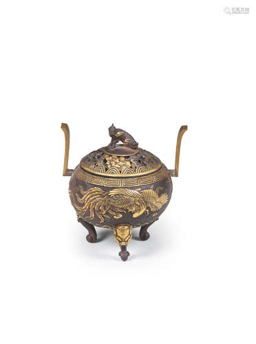 Meiji era (1858-1912), late 19th/early 20th century An inlaid iron globular koro (incense burner) and cover