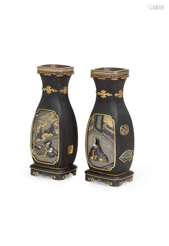 Attributed to Tsukahara Katao, Meiji era (1868-1912), late 19th/early 20th century A fine and unusual small pair of inlaid four-sided wood vases