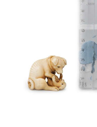 By Tanenaga, Edo period (1615-1868), 19th century An ivory netsuke of a dog and pup