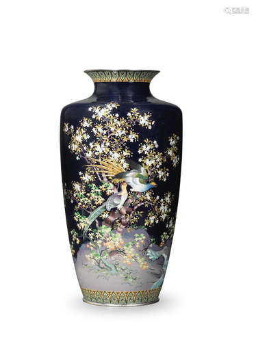 Meiji era (1868-1912), late 19th/early 20th century A tall straight-sided baluster cloisonné-enamel vase