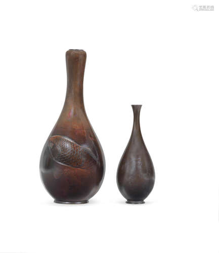 One by Ichijo and one by Shiun, Meiji era (1868-1912), late 19th/early 20th century Two bronze vases