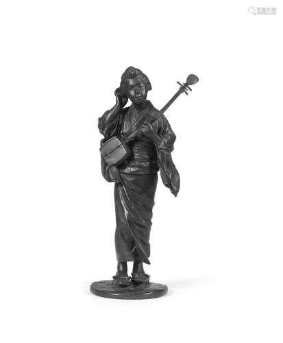 By Takaaki, Meiji era (1868-1912), late 19th/early 20th century A bronze figure of a bijin playing a shamisen