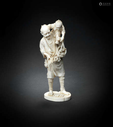 By Ryushi, Meiji era (1868-1912), late 19th/early 20th century An ivory okimono figure group of an old man with a child