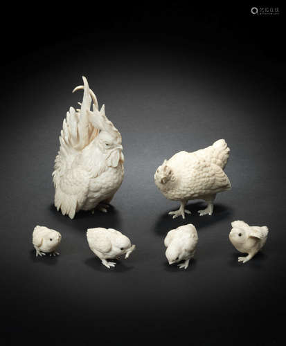 The cockerel by Ryusai, Meiji era (1868-1912), late 19th/early 20th century An ivory okimono group of a family of chickens