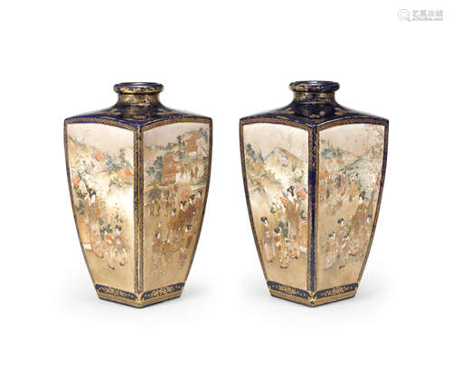 By Yomeizan, Meiji era (1868-1912), late 19th/early 20th century A pair of tall rectangular matching Satsuma vases