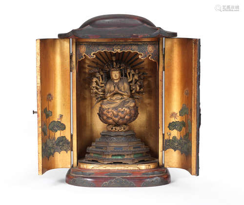 Edo period (1615-1868), 18th/19th century A Negoro lacquer portable zushi (shrine) containing a gilt-wood figure of Juichimen Kannon (the 11-headed Kannon)