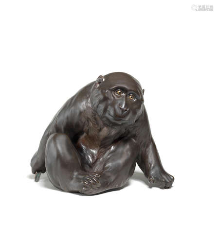 Meiji era (1868-1912), late 19th/early 20th century A large bronze okimono of a macaque monkey