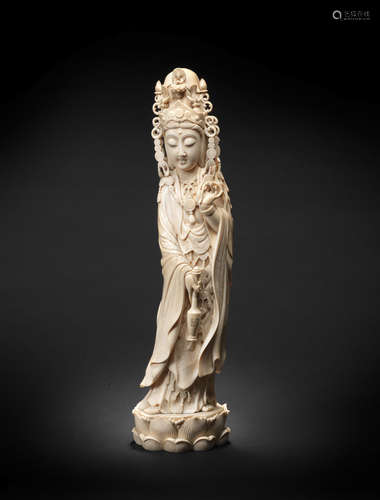 By Gyokuzan, Meiji era (1868-1912), late 19th/early 20th century A tall ivory okimono figure of Yoryu Kannon