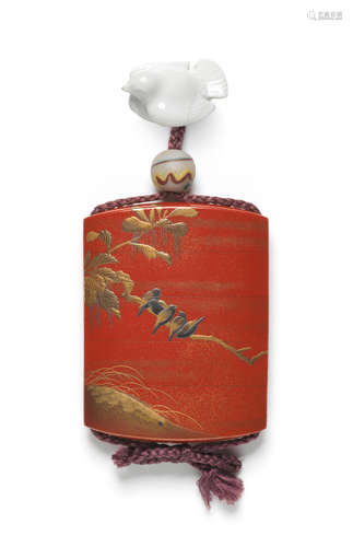 By Kanshosai Toyo, Edo period (1615-1868), mid 19th century A red-lacquer four-case inro