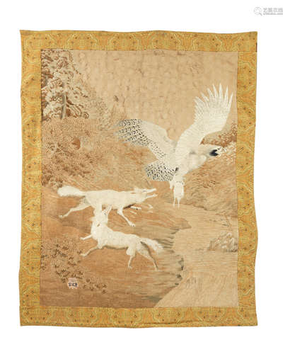 By Keibun, Meiji era (1868-1912), late 19th/early 20th century A large embroidered wall hanging