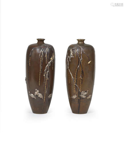 By Miyabe Atsuyoshi, Meiji era (1868-1912), late 19th/early 20th century A pair of inlaid slender ovoid bronze vases