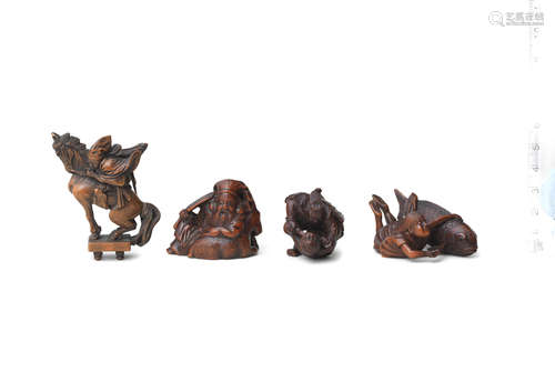 Edo period (1615-1868), 19th century Four wood okimono netsuke