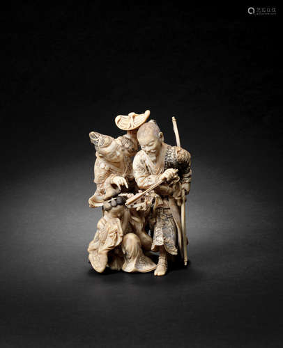 Meiji era (1868-1912), late 19th/early 20th century An ivory okimono figure group of Ota Dokan