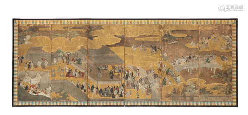 A Rare and Important Early Six-Panel Folding Screen Depicting Female Proto-Kabuki, Momoyama (1573-1615) or early Edo (1615-1868) period, circa 1610-1620 Artist Unknown