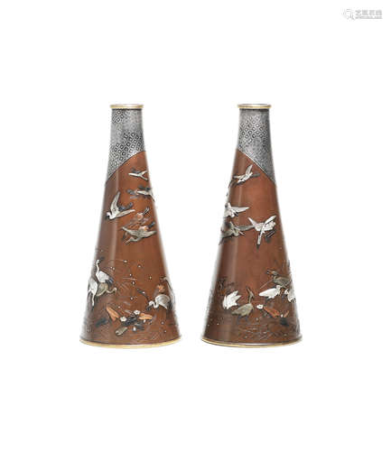 By Miyabe Atsuyoshi of Kyoto for the Hamada Company, Meiji (1868-1912) era, late 19th/early 20th century, circa 1890s Two inlaid-bronze conical vases