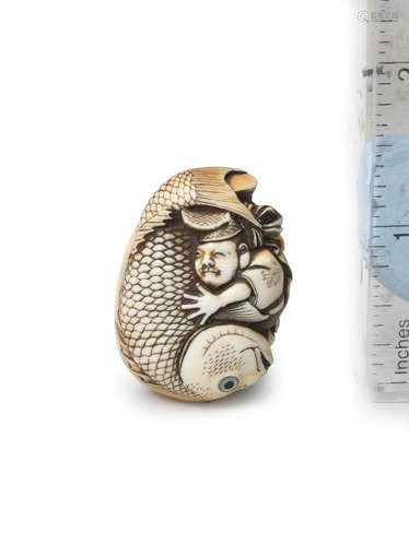 By Ohara Mitsuhiro (1810-1875), Osaka, Edo period (1615-1868), 19th century An ivory netsuke of Ebisu and Daikoku