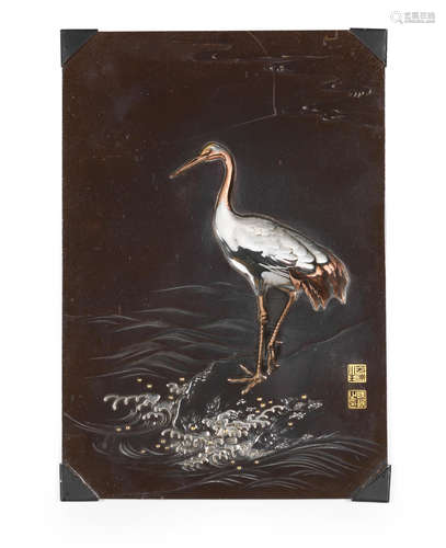 Meiji era (1868-1912), late 19th/early 20th century Two inlaid bronze rectangular plaques