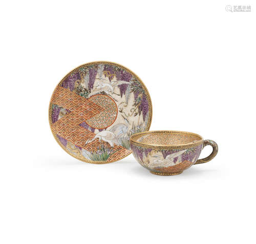 By Ryokuzan, Meiji era (1868-1912), late 19th/early 20th century A matching Satsuma teacup and saucer set