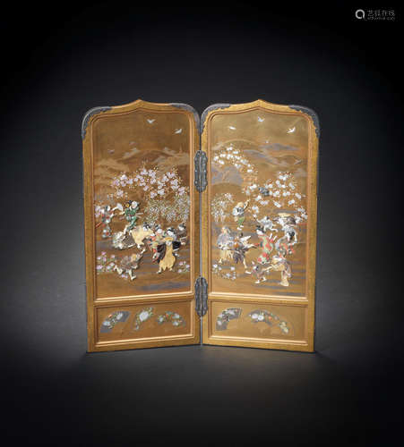 By Masaaki, Meiji era (1868-1912), late 19th/early 20th century A gold-lacquer and Shibayama style two-panel folding screen