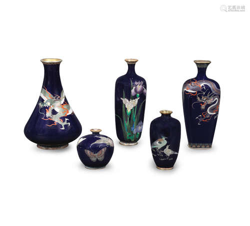 Meiji era (1868-1912), late 19th/early 20th century Five cloisonné-enamel vases