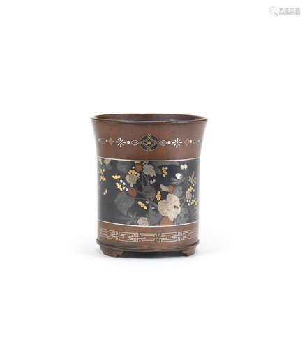 By the Nogawa Company, Meiji era (1868-1912), early 20th century An inlaid bronze cylindrical brushpot