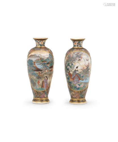 By Bizan, Meiji era (1868-1912), late 19th/early 20th century A pair of small slender Satsuma vases