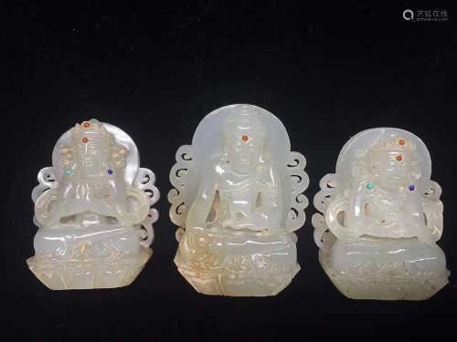 THREE LIAO JIN PERIOD HETIAN WHITE JADE BUDDHA STATUES