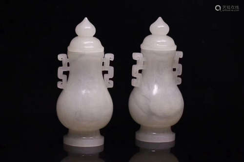 A PAIR OF OLD TIBETAN HETIAN JADE SEED MATERIAL THIN BODY JADE VASES , QING DYNASTY