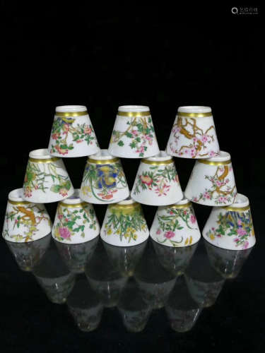 12 DIFFERENT COLORED FAMILLE ROSE CUPS WITH
