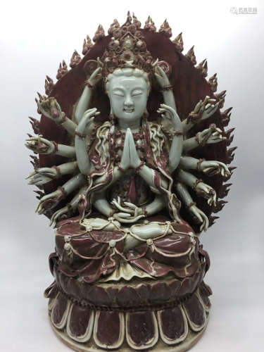 A UNDERGLAZED-RED THOUSAND HANDS GUANYIN STATUE,YUAN&MING DYNASTY
