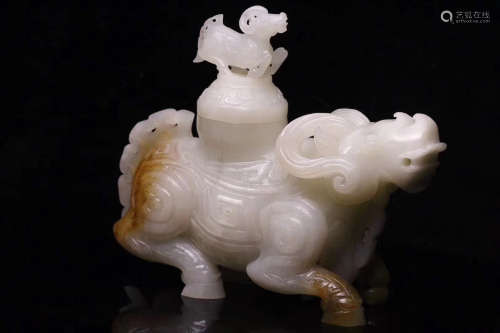 OLD TIBETAN  HETIAN JADE SEED MATERIAL MOTHER & SON CATTLE VESSELS ORNAMENT, MING& QING DYNASTY