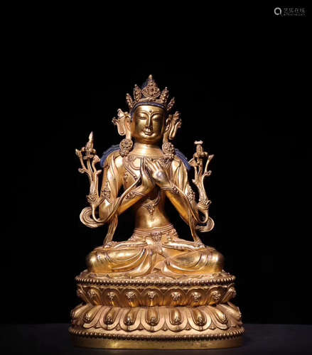 A TIBETAN GILT BRONZE WEN SHU PUSA STATUE