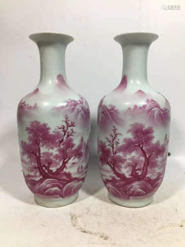 A PAIR OF ROUGE GLAZE LANDSCAPE PATTERN VASES