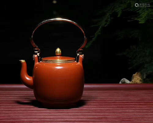 A HUI MENGCHEN MADE RAW ORE VERMILION MARL PURPLE CLAY TEAPOT