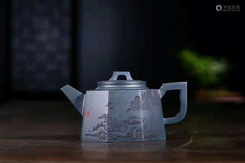 A FAN YUJUN MADE HIGHEST GRADE CELESET MARL PURPLE CLAY TEAPOT