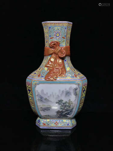 AN ENAMEL VASE WITH LANDSCAPE PATTERN,QING YONGZHENG DYNASTY