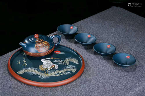 A SET OF ZHU JIANPING MADE HIGHEST GRADE CELESET MARL PURPLE CLAY TEAPOT