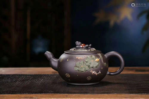 A ZHU HONGJUN MADE RAW ORE BLACK GALAXY PURPLE CLAY TEAPOT