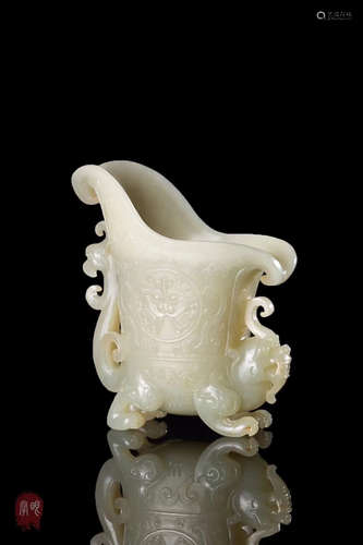 A HETIAN JADE SEED MATERIAL JUE-SHAPED CUP