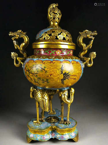 A QING DYNASTY PURPLE BRONZE GILT CLOISONNE CENSER