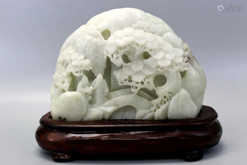 Chinese Carved White Jade Mountain Depicting Scholars