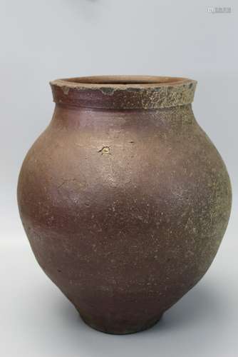 Large Japanese Bizen Brown Glazed Storage Jar.