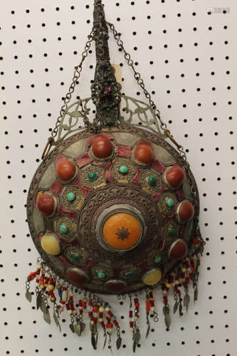 Tibetan water bottle with amber and glass beads decorat